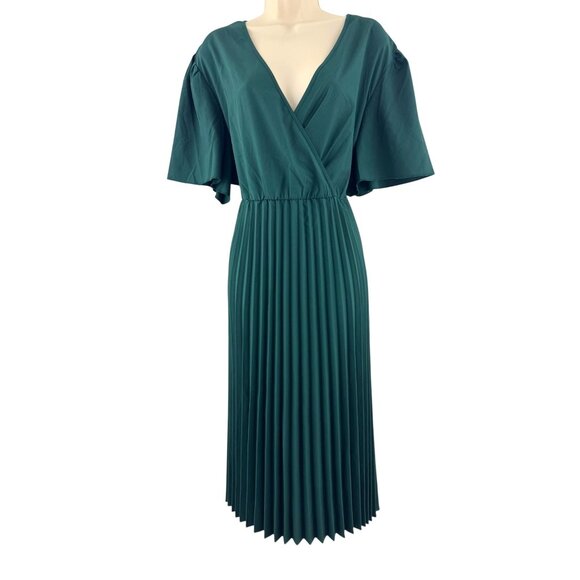 Dark Green Pleated Flutter Sleeve Midi Maxi Dress Size 3XL 22 24 Plus Sz New - Picture 1 of 8
